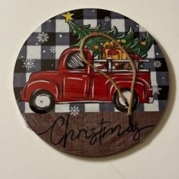 Deroro Christmas Red Truck‎ Front Door Sign Round Plaid Buffalo Check Holiday - Picture 1 of 4